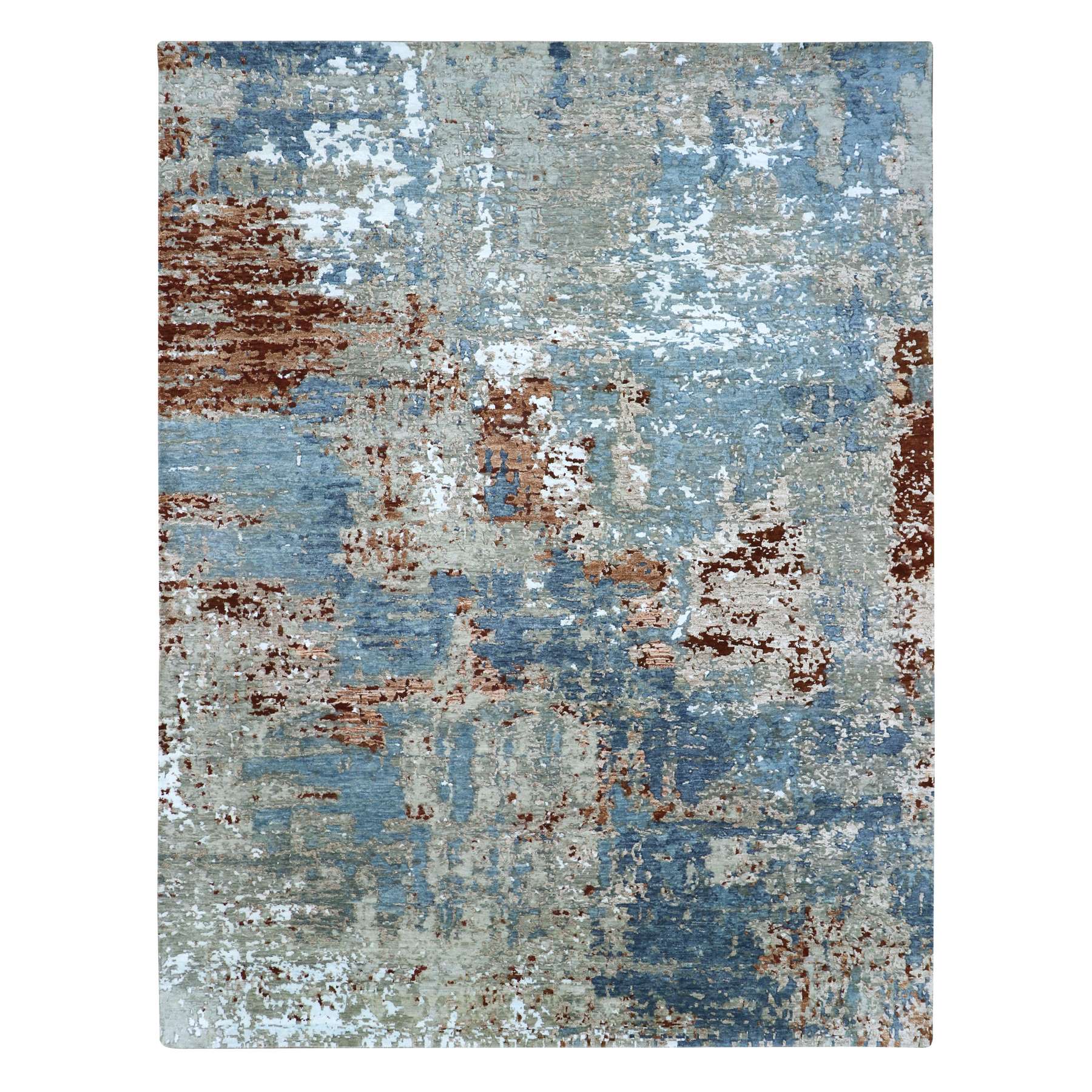 Blue with Rust, Hand Knotted, Persian Knot, Abstract with Galaxy Design, 100% Wool, Densely Woven, Oriental Rug